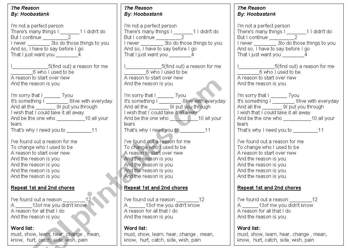 English worksheets: The Reason By: Hoobastank