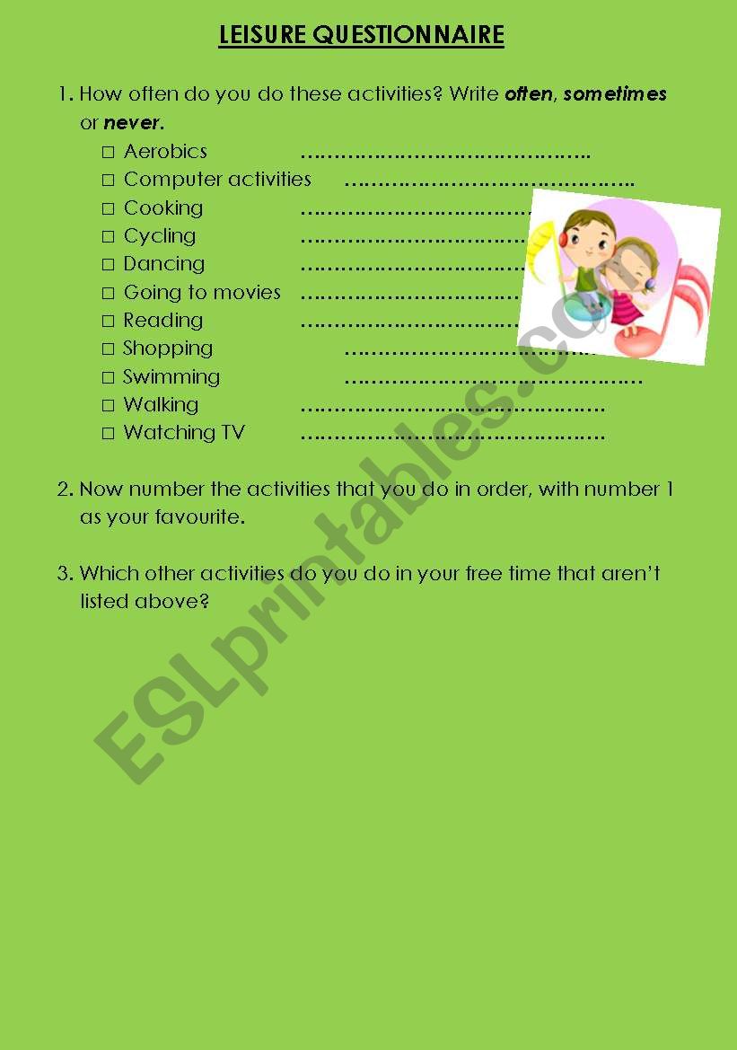Leisure Questionnaire worksheet