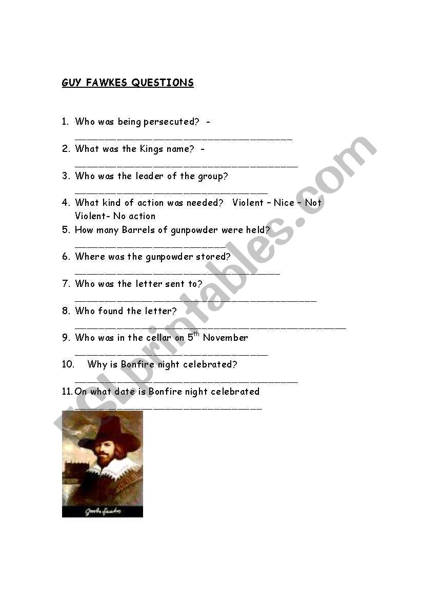 Guy Fawkes quiz worksheet