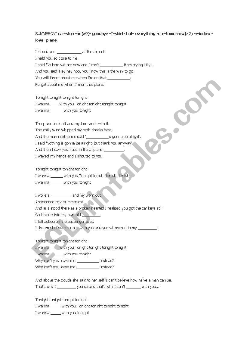 song summercat worksheet