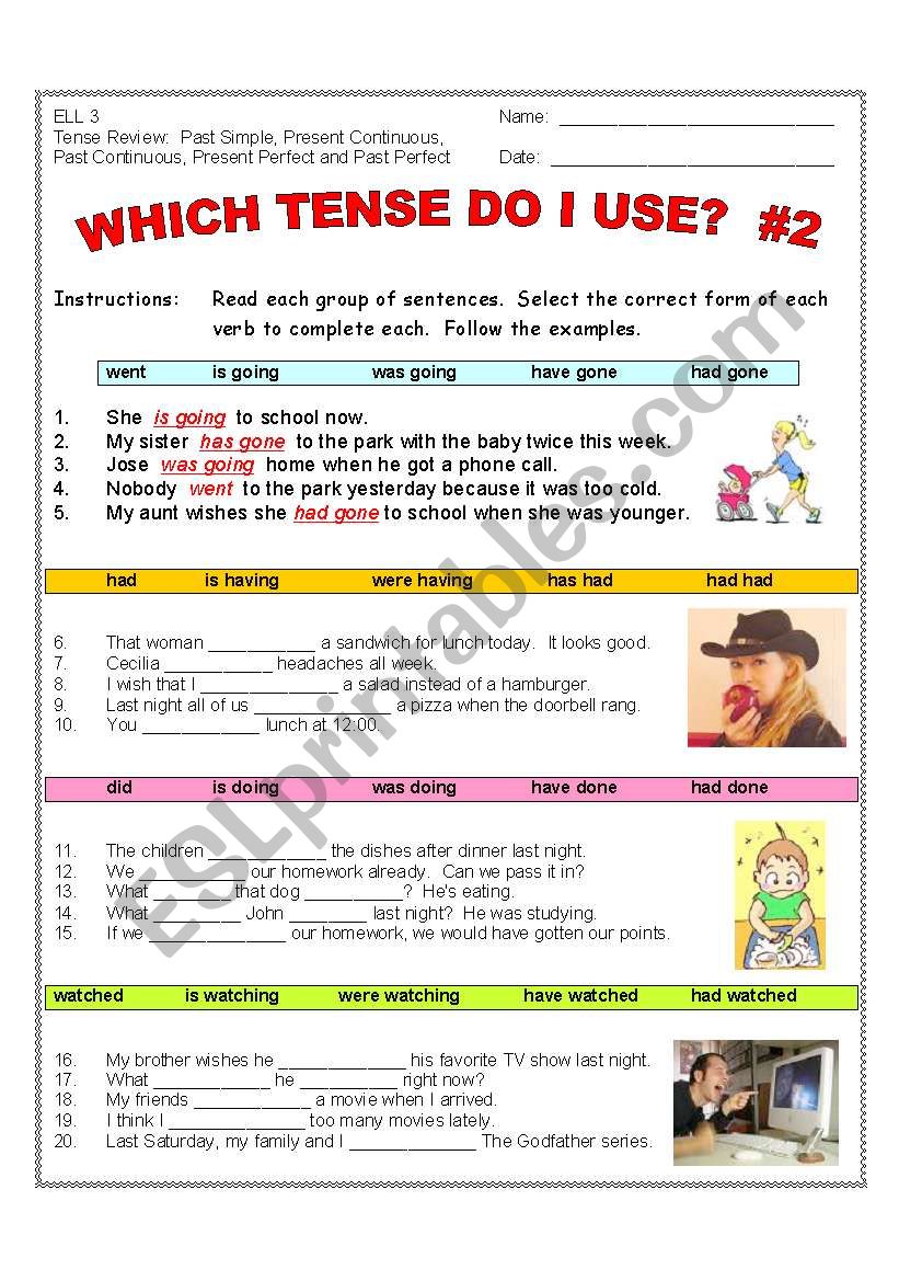 VERB TENSES REVIEW #2  (2 Pages, PLUS KEY)