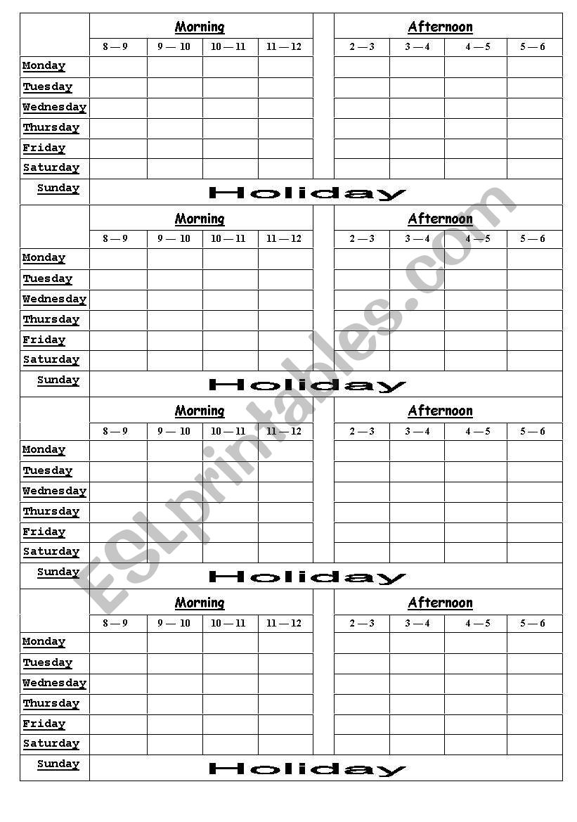 time table worksheet