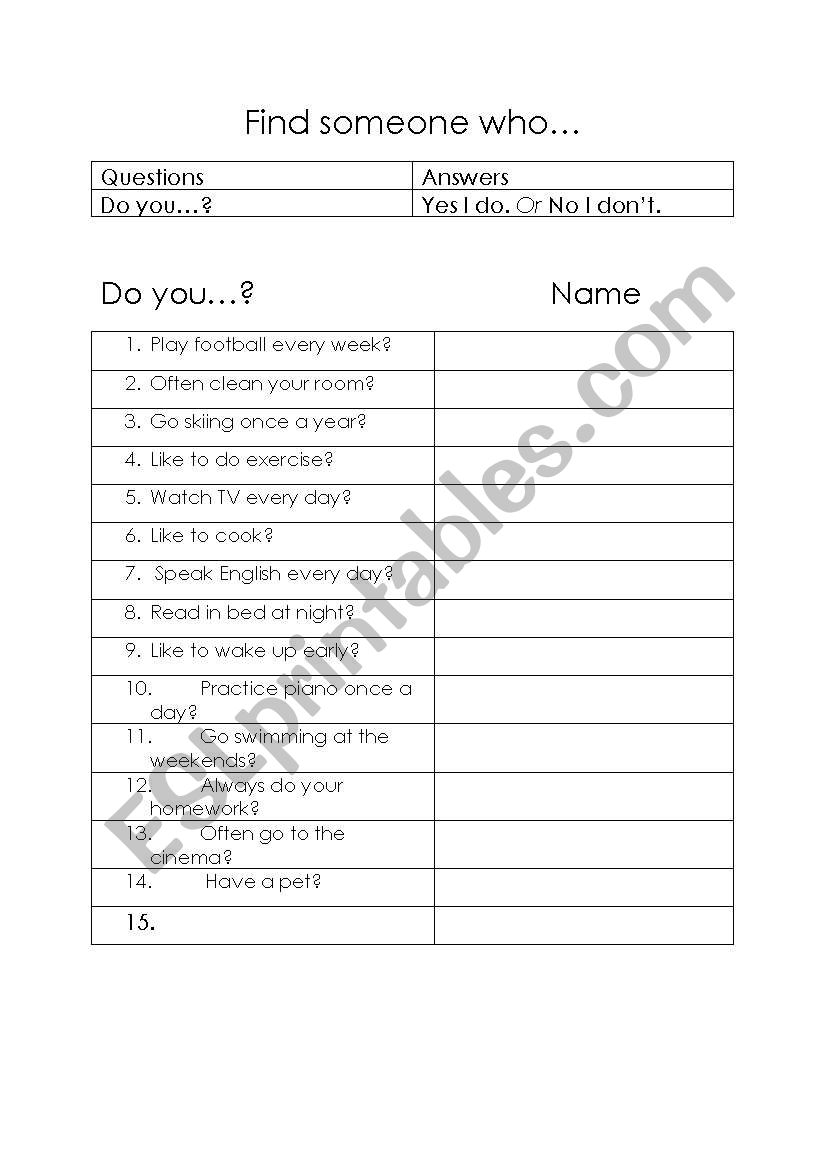 Find someone who worksheet