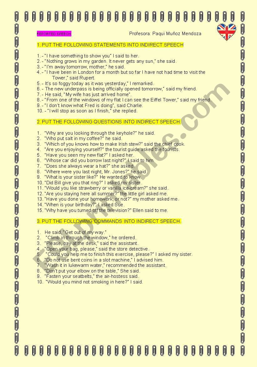 REPORTED SPEECH PRACTICE worksheet