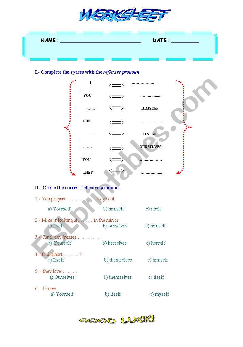 reflexive pronoun worksheet