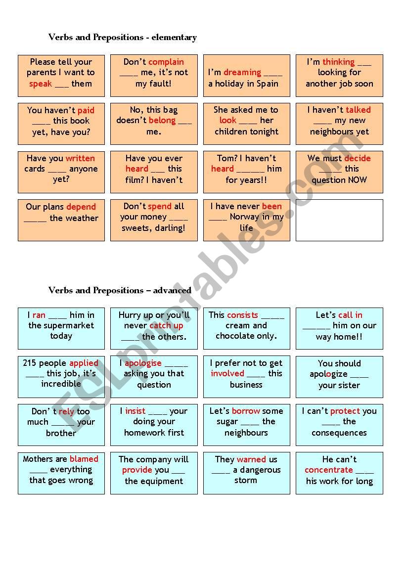 Verbs and Prepositions - cards with solution on the back