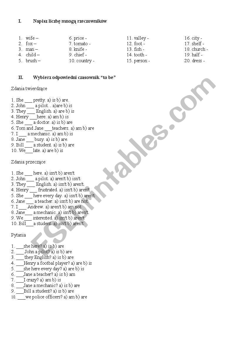 plural and to be worksheet