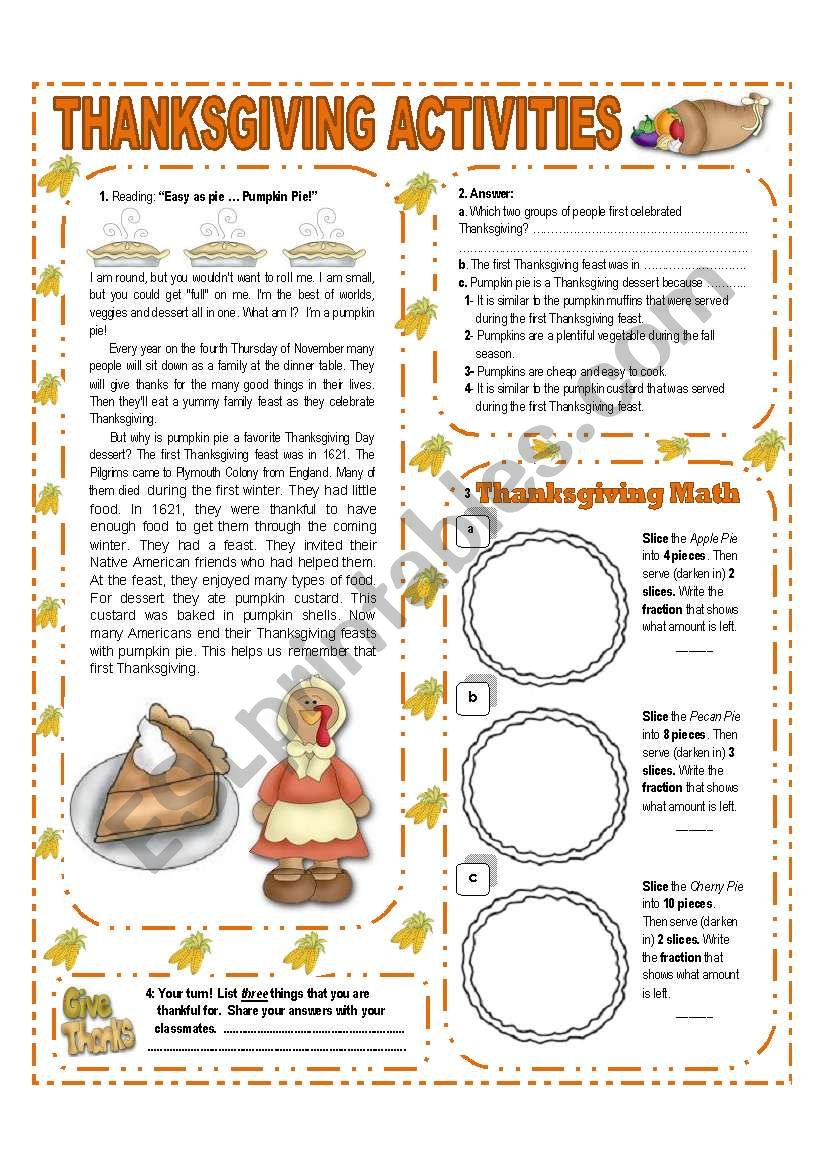 NOVEMBER THEME:THANKSGIVING - ACTIVITIES  WITH KEY - (1/3) - ELEMENTARY