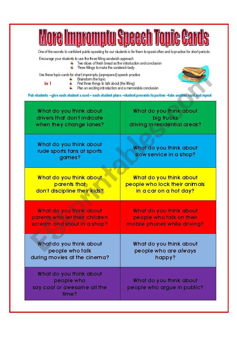 MORE Speech Topic Cards worksheet