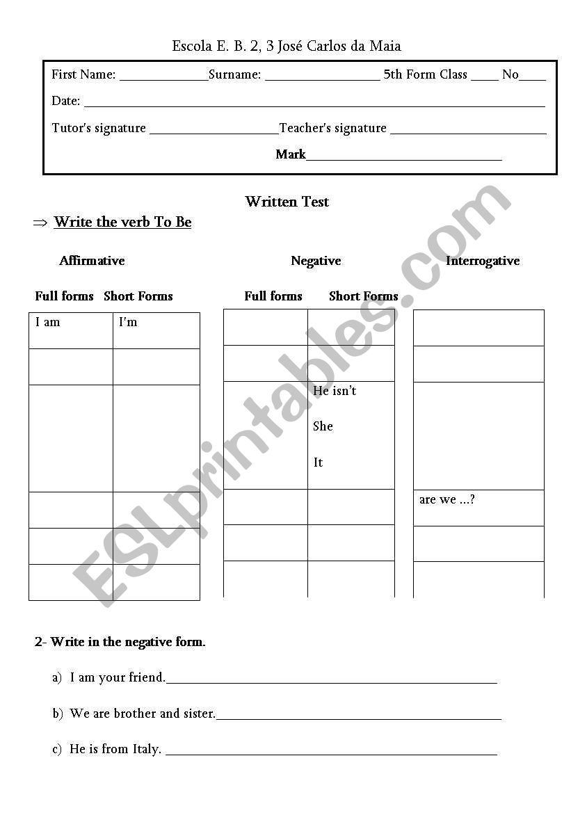 Verb To Be worksheet