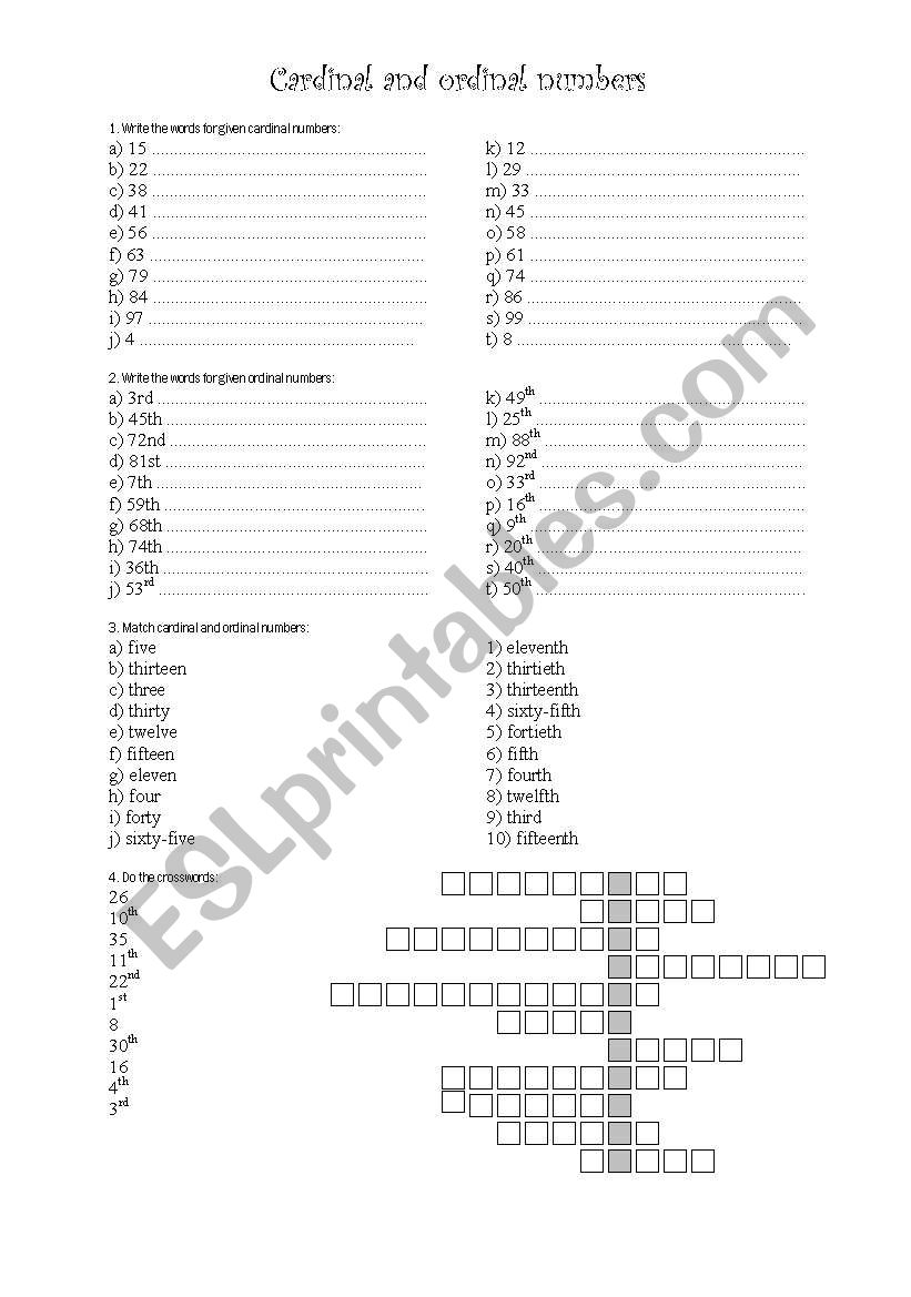 Cardinal and ordinal numbers worksheet