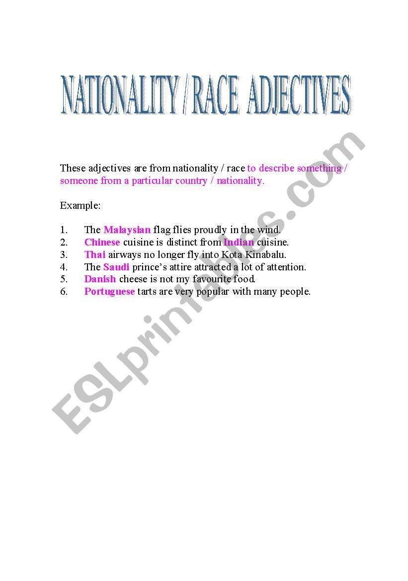 nationality / race adjectives worksheet