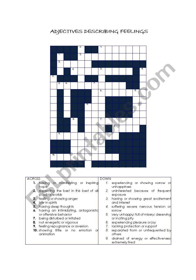 feeling adjectives crossword worksheet