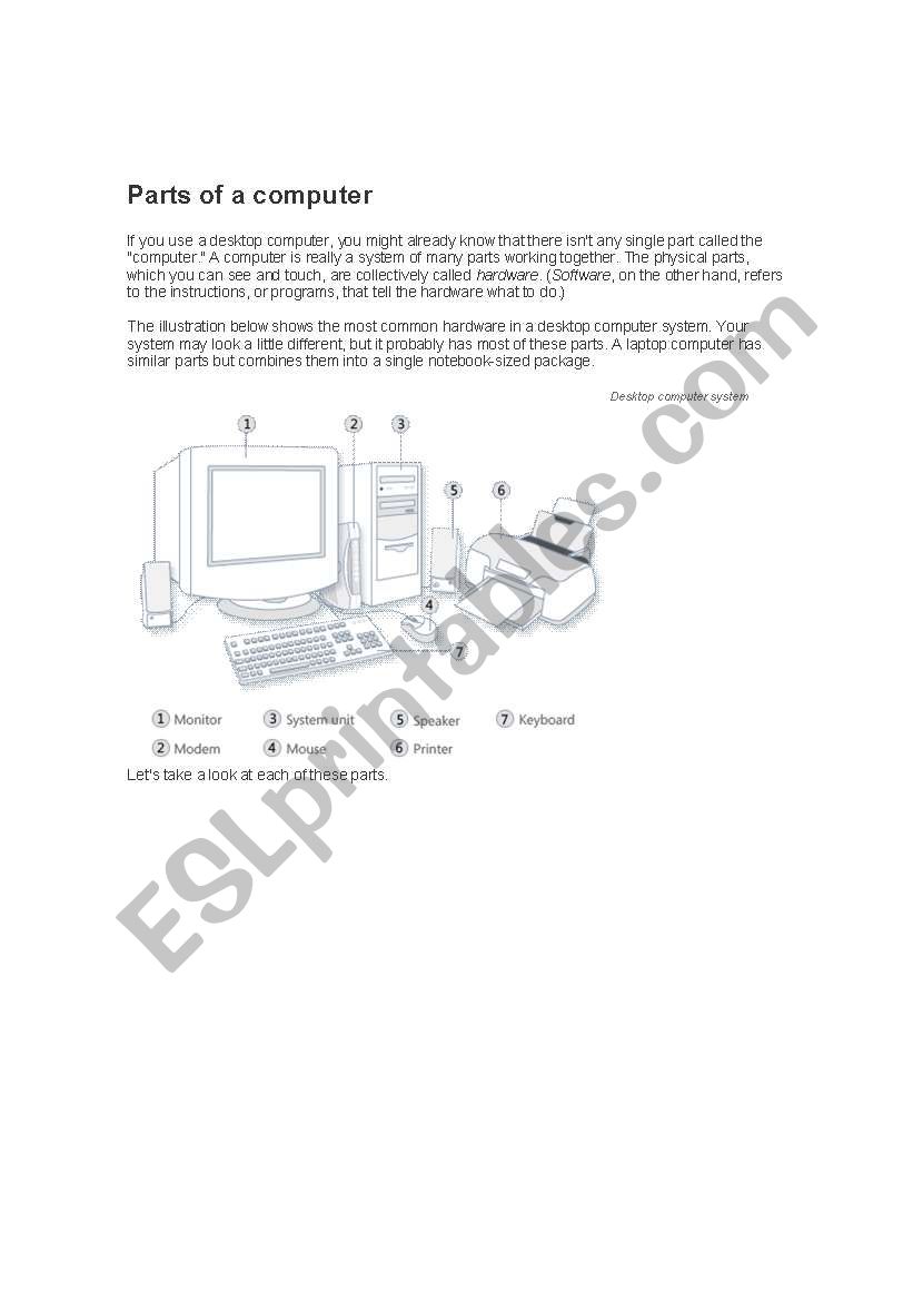 PARTS OF A COMPUTER worksheet