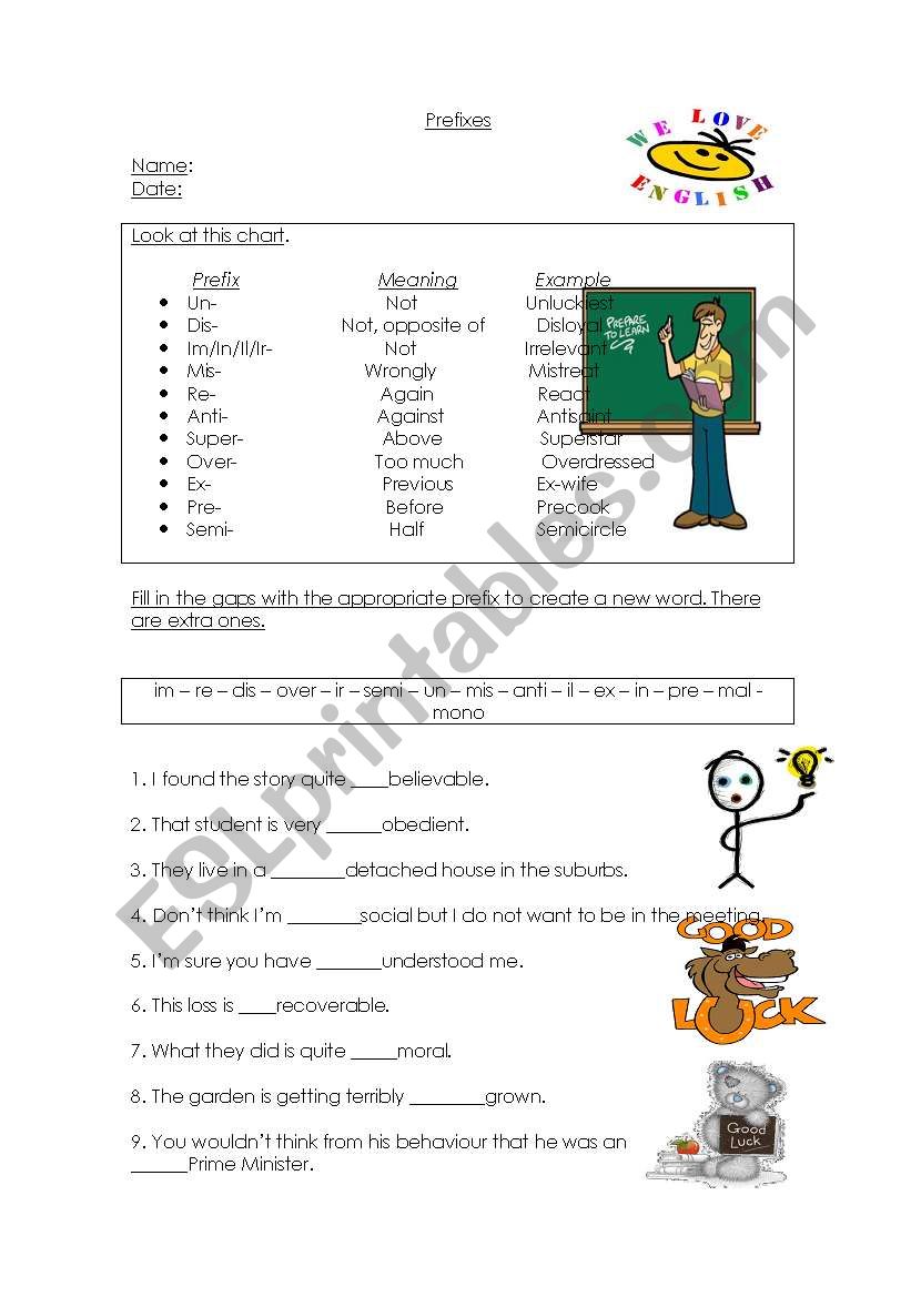 Prefixes worksheet