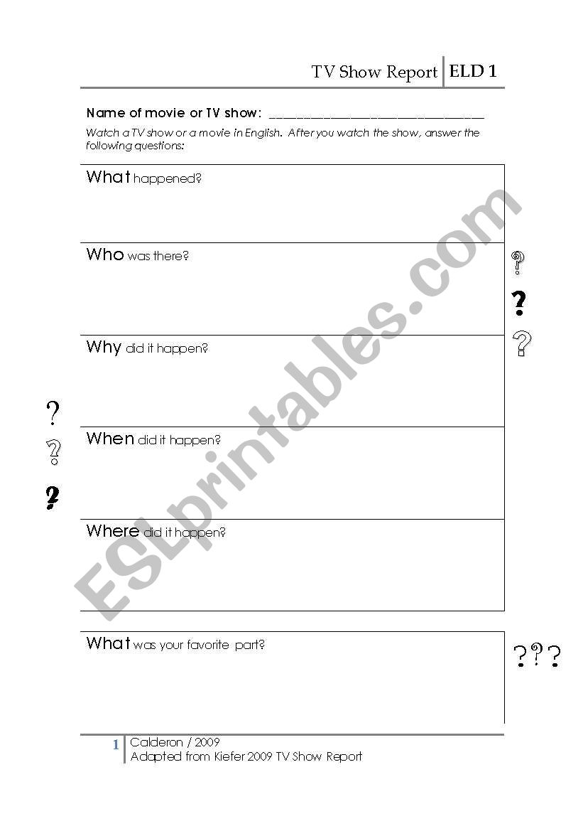 TV/Movie Report worksheet