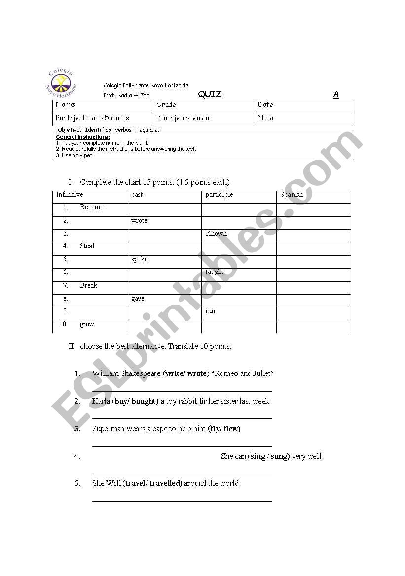 irregulars verb test worksheet