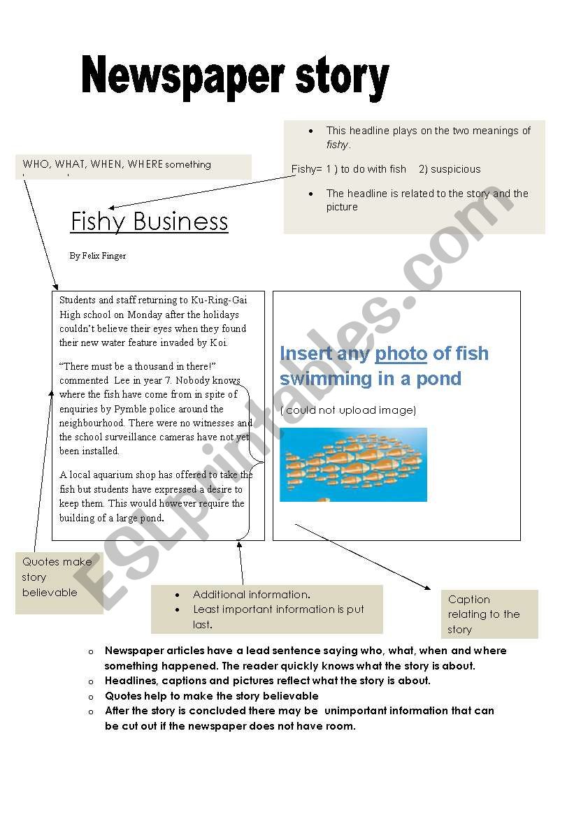 Writing a newspaper article: Example and scaffold - ESL worksheet