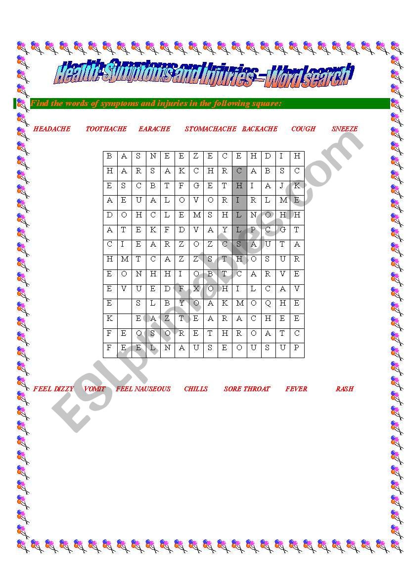 Health: Symptoms and Injurie- Wordsearch