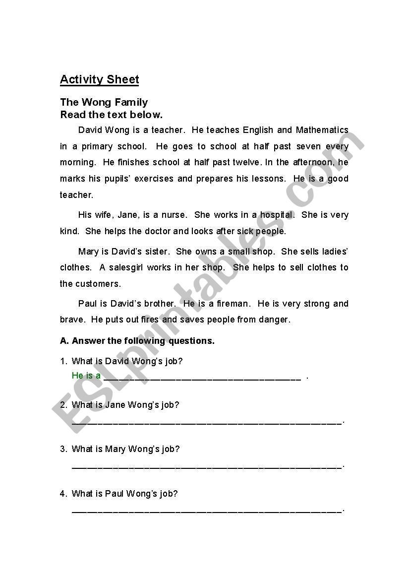 About onesfamily worksheet