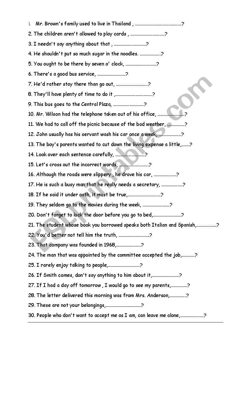 question tag worksheet