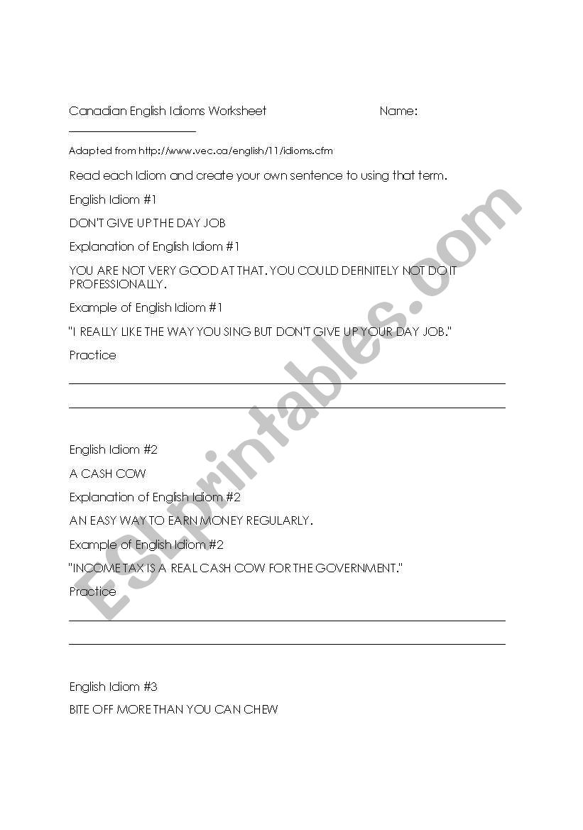 Canadian Idiom Worksheet worksheet