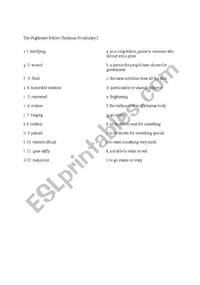 The Nightmare Before Christmas vocabulary Answer Key