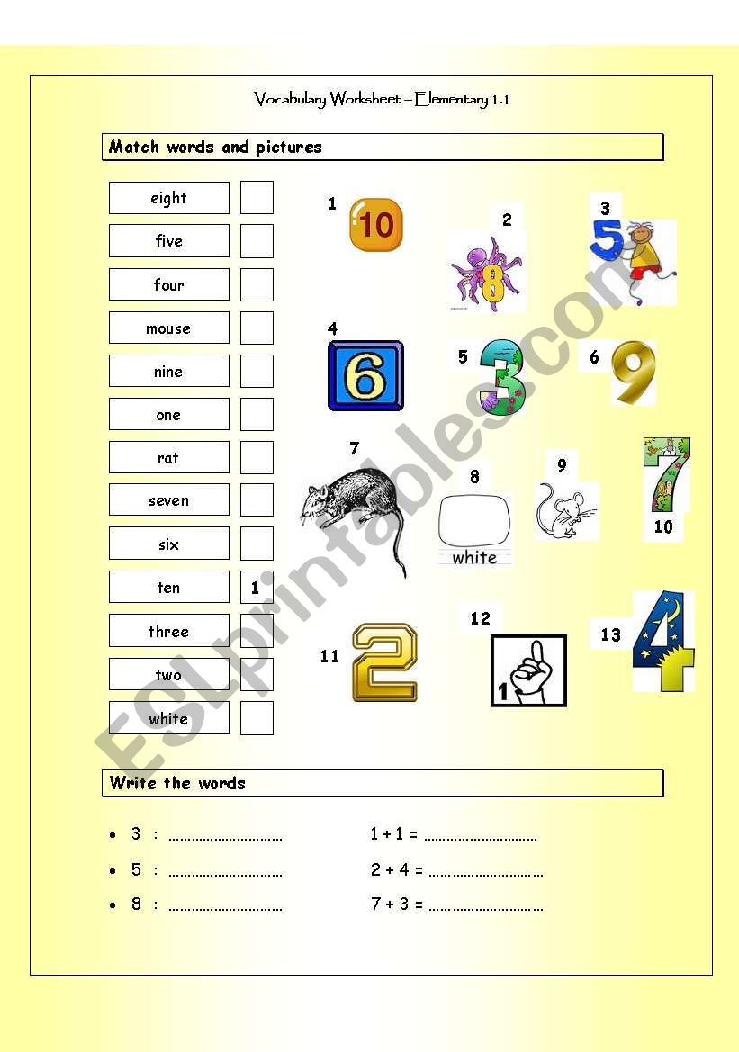 Vocabulary Matching Worksheet - Elementary 1.1