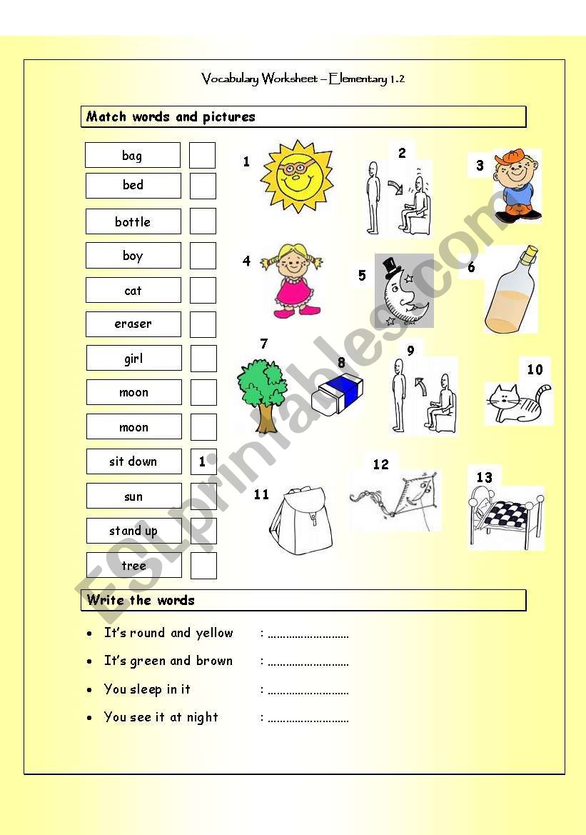 Vocabulary Matching Worksheet - Elementary 1.2