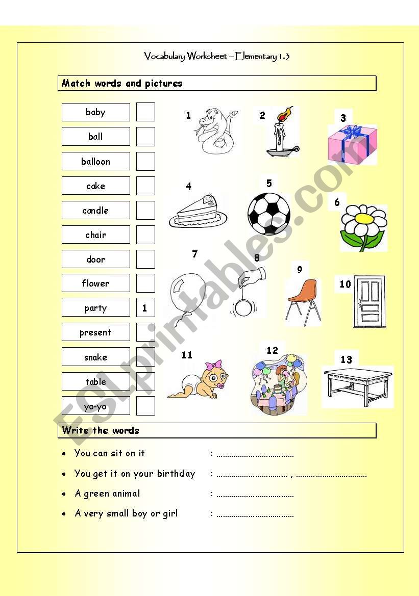 Vocabulary Matching Worksheet - Elementary 1.3