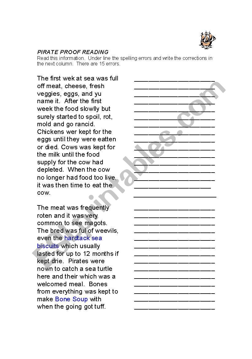 Proof reading - Pirates worksheet