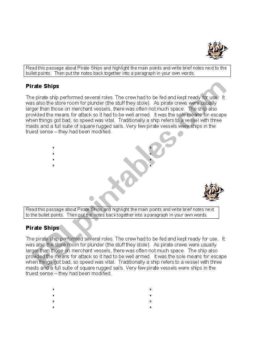 Notemaking - Pirate ships worksheet