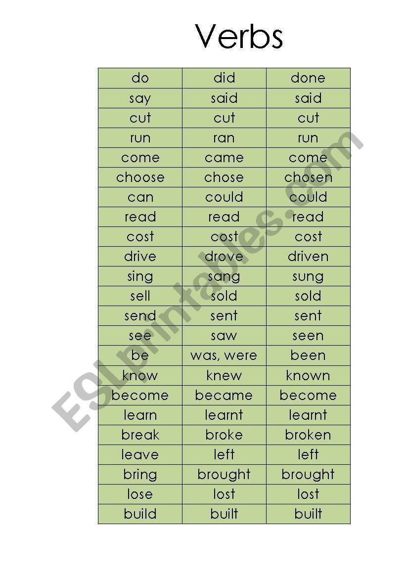 VERBS -activity cards worksheet