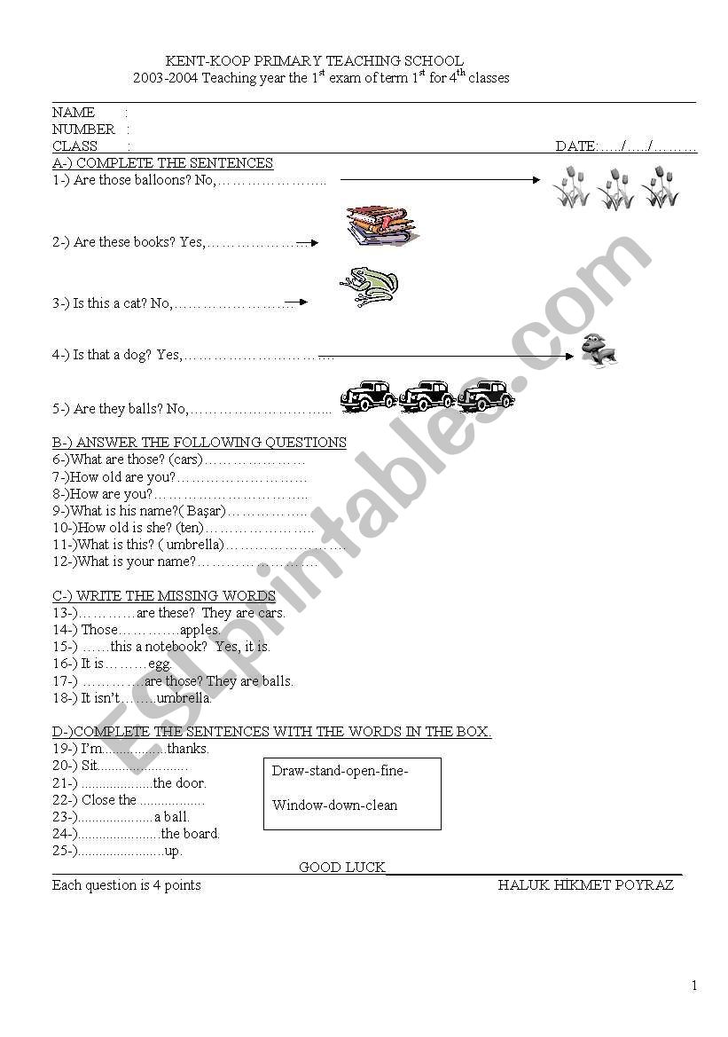 quiz 4th class worksheet