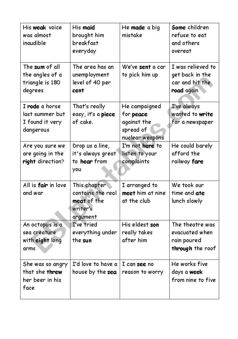 HOMOPHONES DOMINOES worksheet