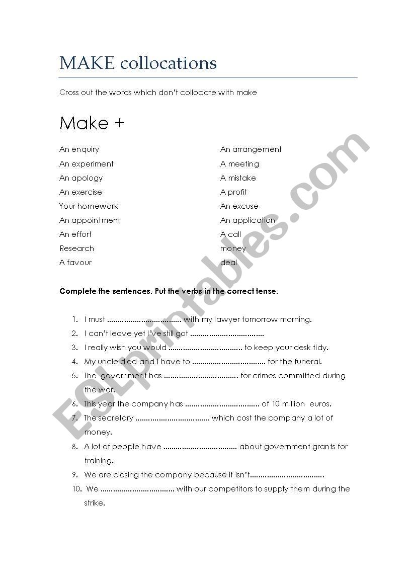 make collocations worksheet