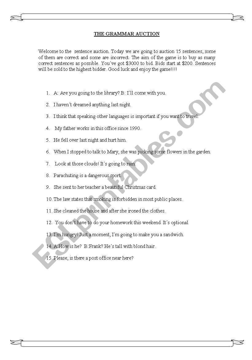 The grammar auction worksheet