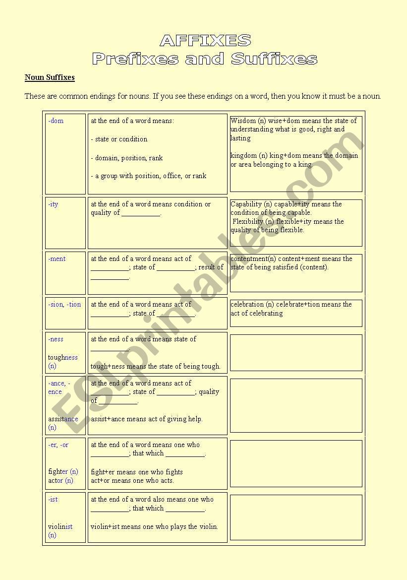 affixes worksheet