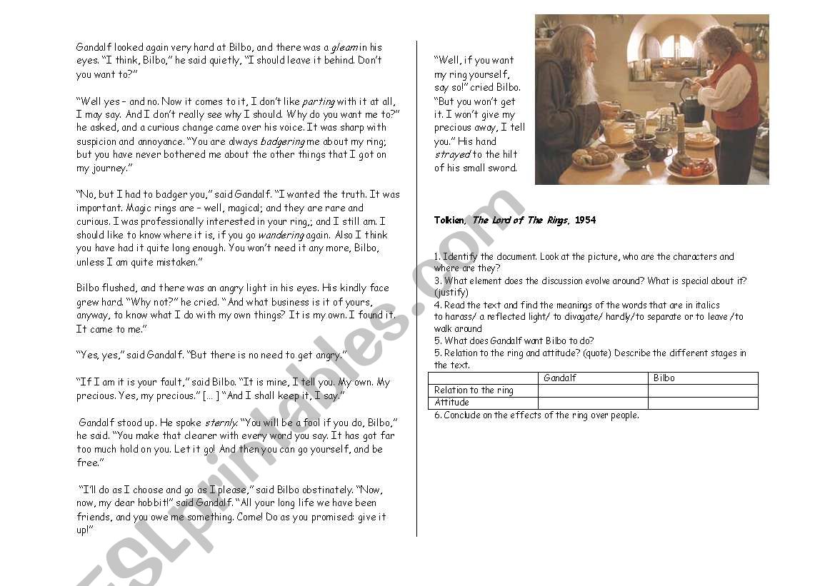 The Fellowship of the Ring worksheet