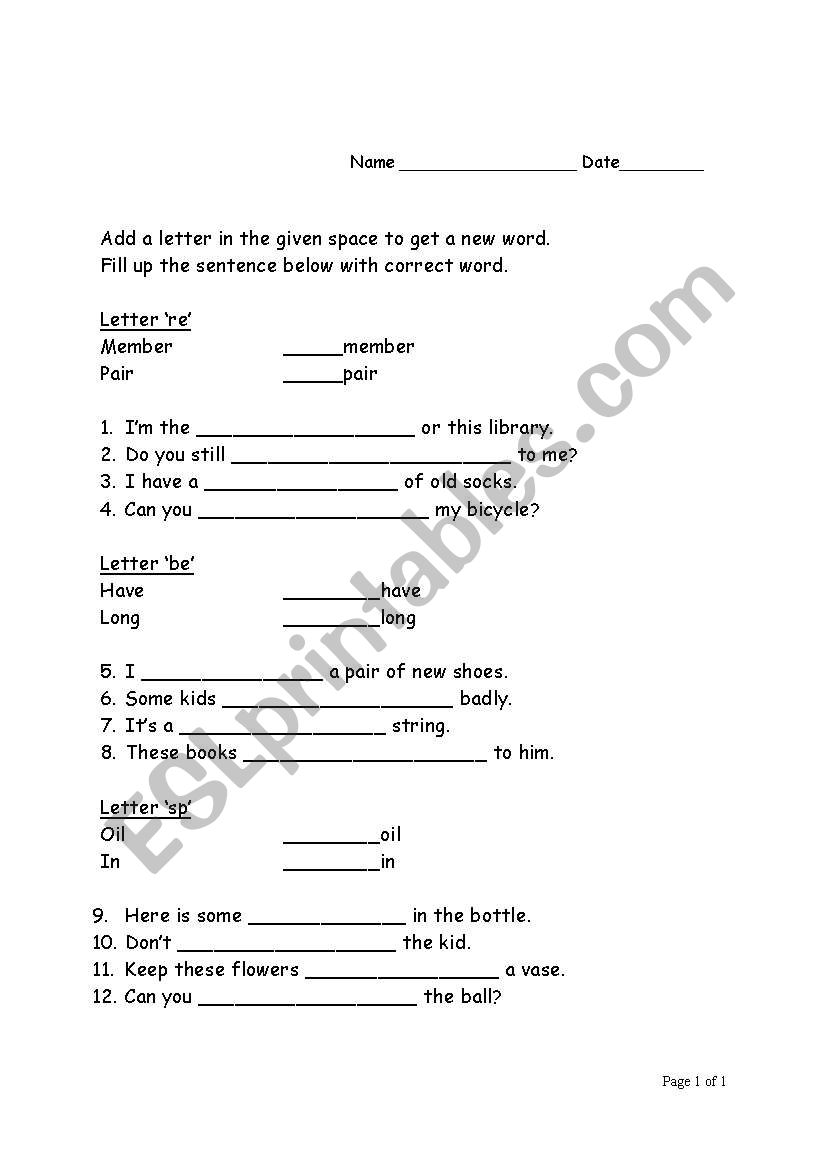 Add game re, be, sp worksheet
