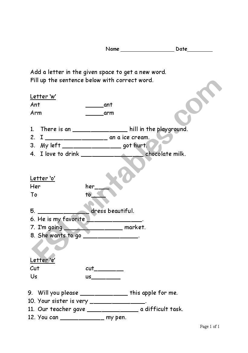 Add game w, o, e worksheet