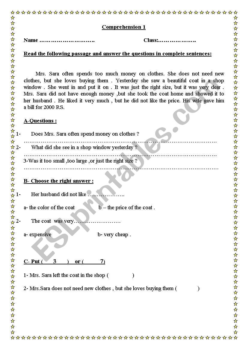 Reading passages worksheet
