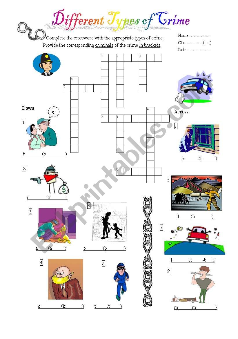 Different Types of Crime - Crossword (key included)