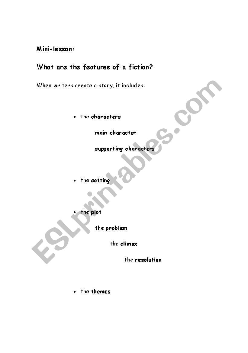 Features of Fiction worksheet