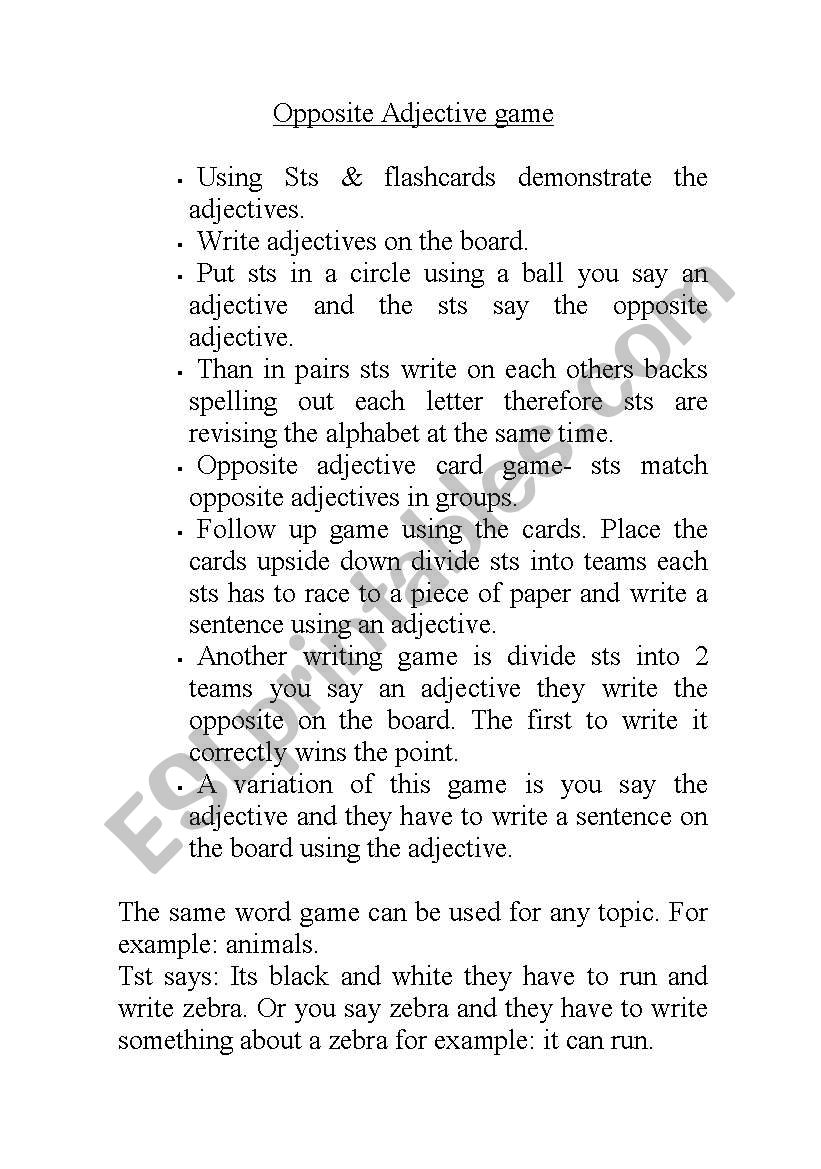 opposite adjective game worksheet