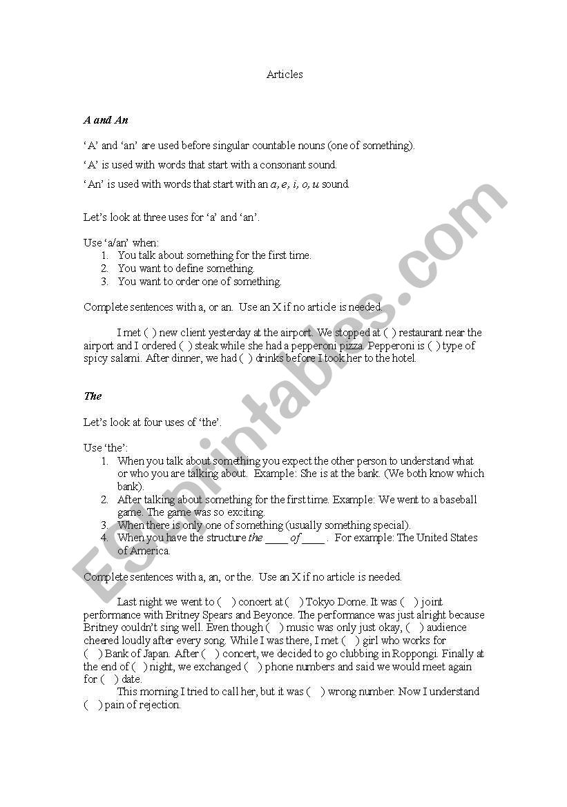 Articles: A, An & The worksheet