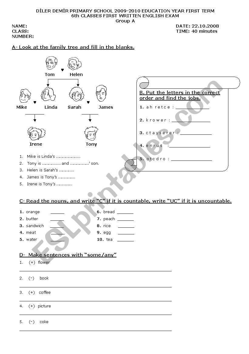 6th grade exam - group A worksheet