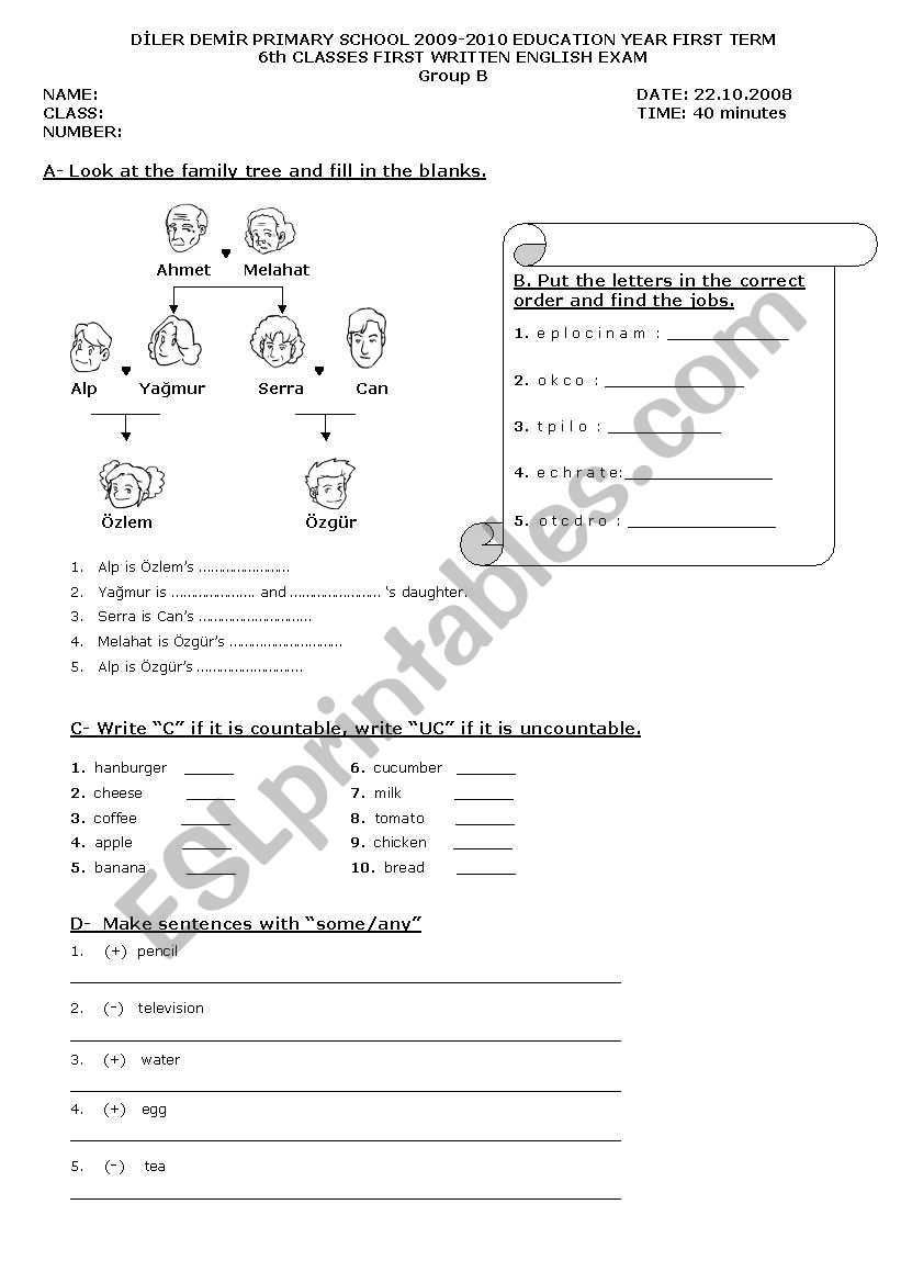 6th grade exam -  group b worksheet