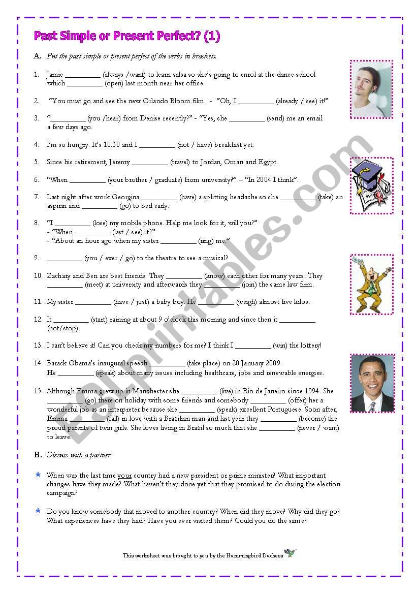 Past Simple or Present Perfect (1) Worksheet for Adult Learners (With Key)