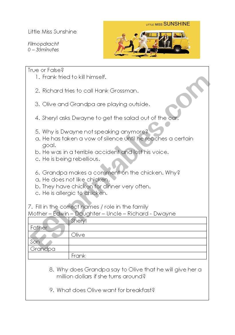 Little Miss Sunshine movie worksheet